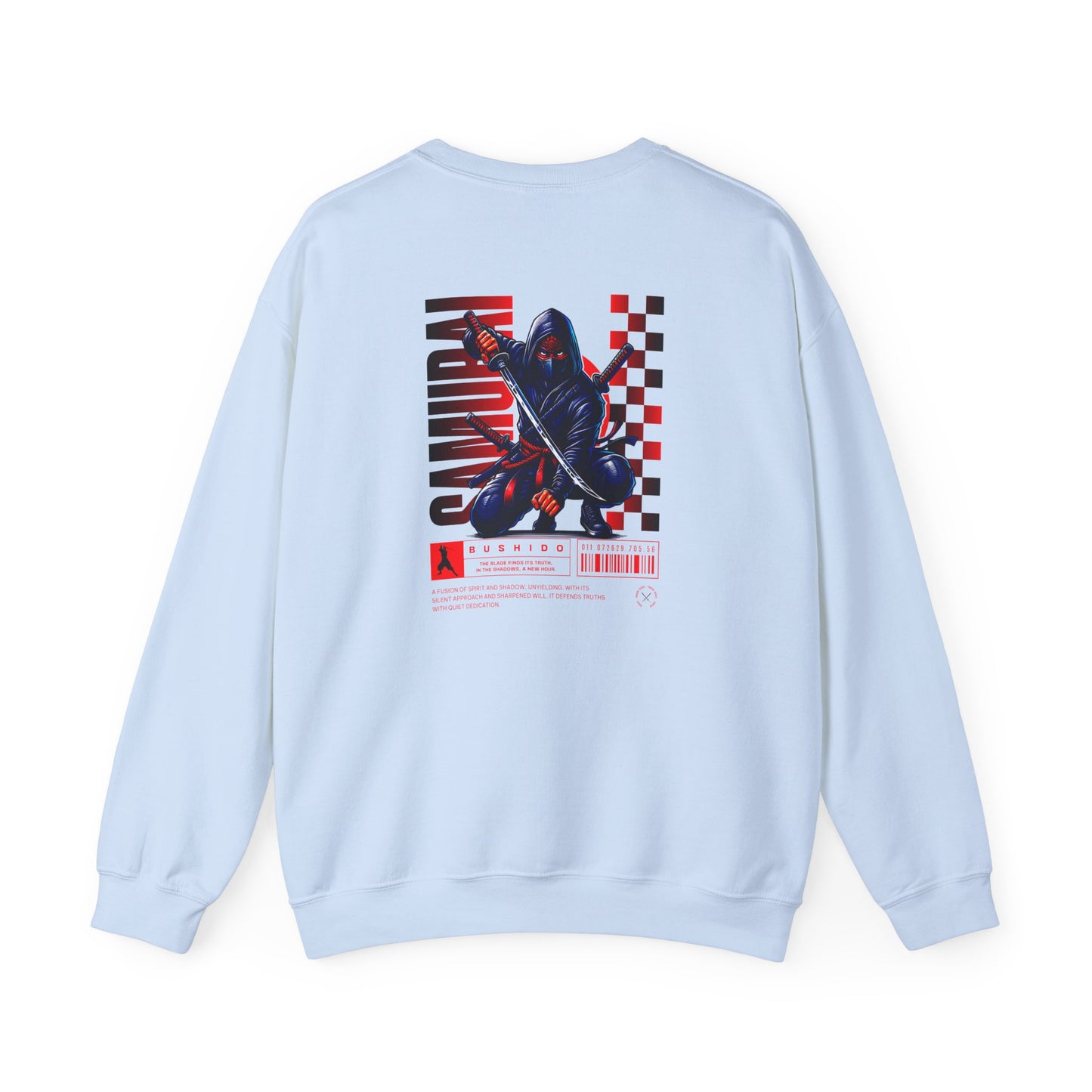 A light blue sweatshirt featuring a Crouching ninja with two katanas and "Bushido" text, red and black Japanese-inspired sweatshirt design.