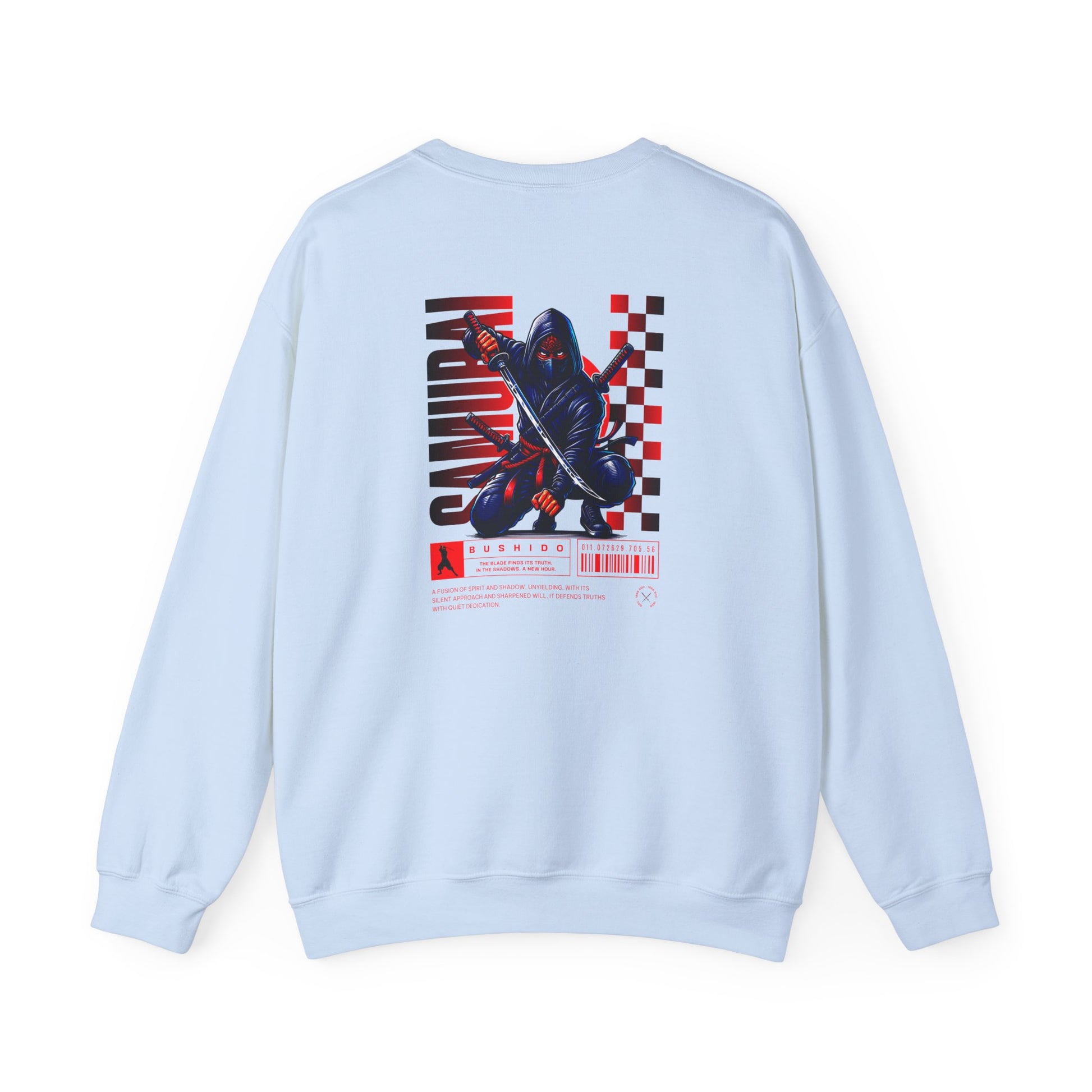 A light blue sweatshirt featuring a Crouching ninja with two katanas and "Bushido" text, red and black Japanese-inspired sweatshirt design.