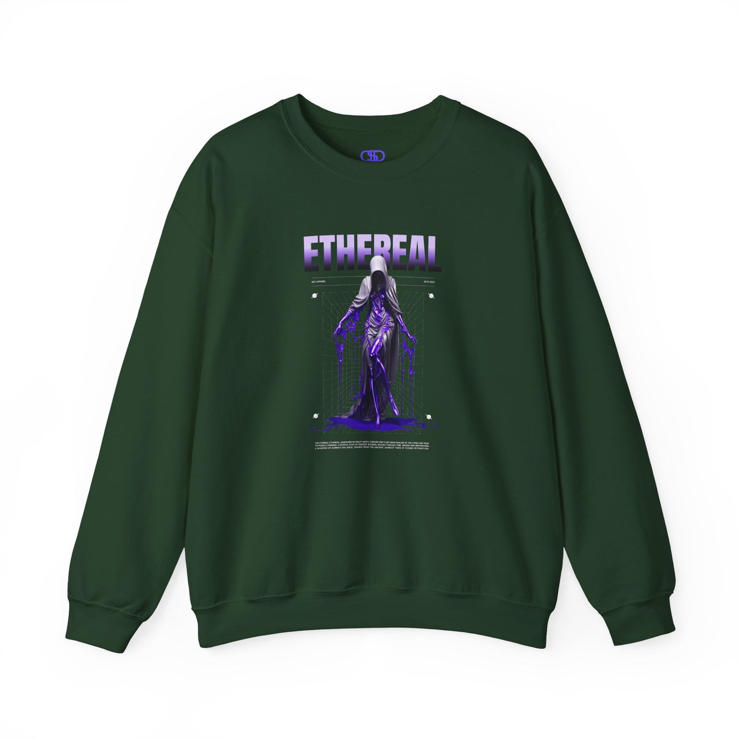 A forest green sweater with a glowing purple ethereal ghostly figure in a robe, surrounded by mystic violet liquid and "Ethereal" text.
