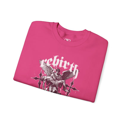 A Folded pink Sweater featuring an Angel carrying a figure with "Rebirth" text, white and black gothic spiritual art apparel.