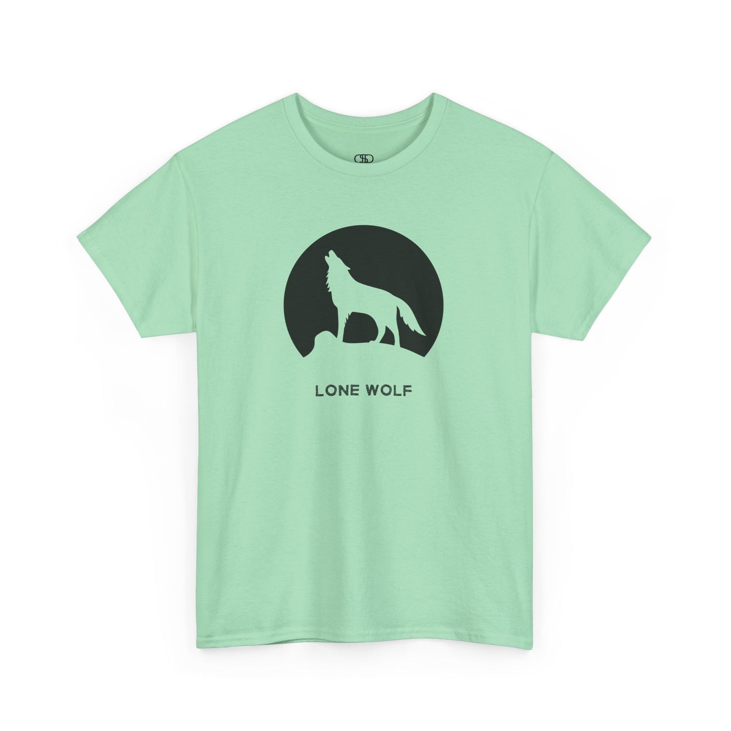 Graphic t-shirt with a black silhouette of a wolf howling on a mountain peak, with the words 'lone wolf' underneath.