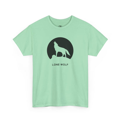 Graphic t-shirt with a black silhouette of a wolf howling on a mountain peak, with the words 'lone wolf' underneath.