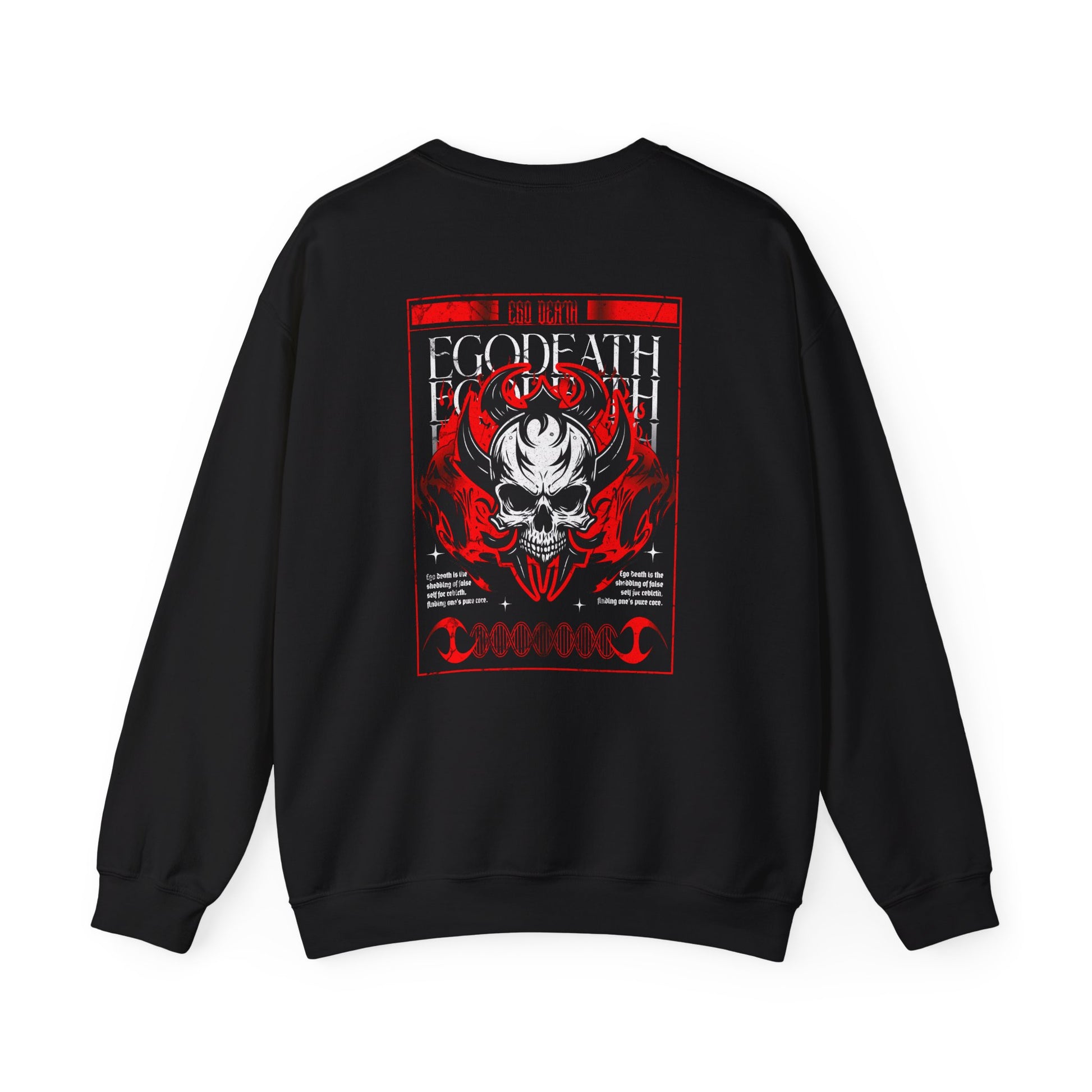 A Black Sweater with a gothic skull design, red ghostly aura, and "Ego Death" text for spiritual rebirth.