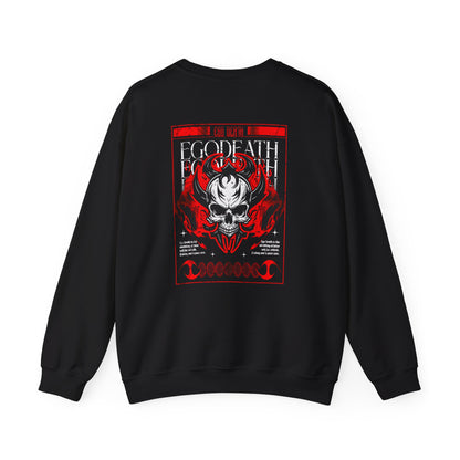 A Black Sweater with a gothic skull design, red ghostly aura, and "Ego Death" text for spiritual rebirth.