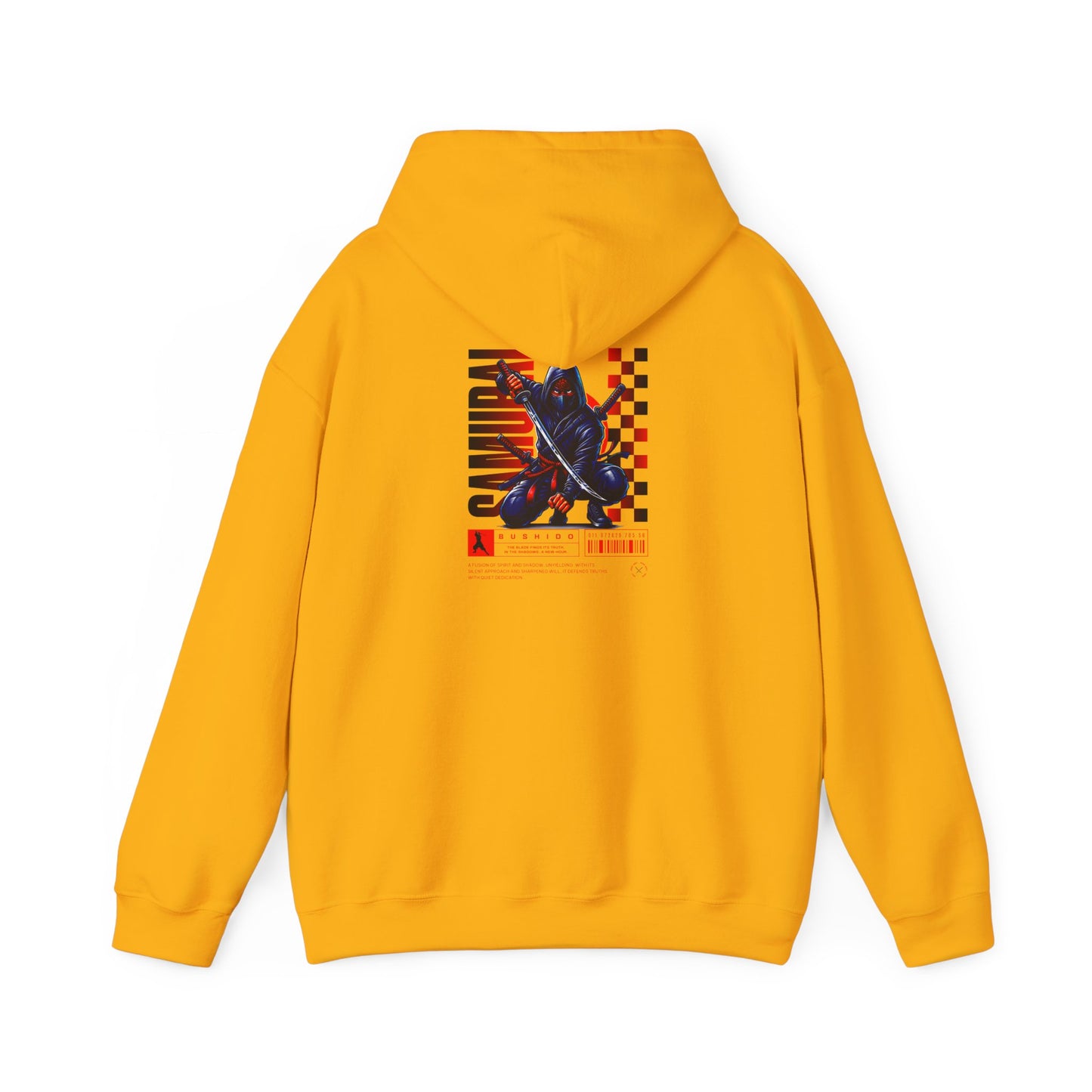 A daisy yellow hoodie featuring a Crouching ninja with two katanas and "Bushido" text, red and black Japanese-inspired hoodie design.