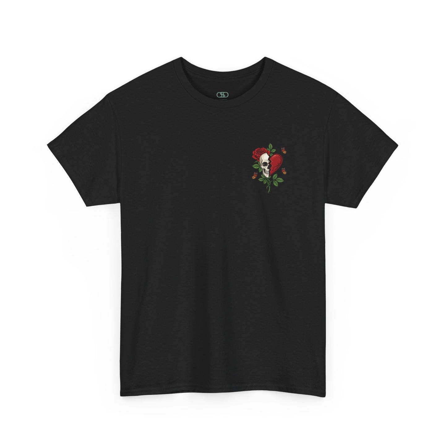 A black t-shirt with a front design of a half skull, half broken heart, and a rose. The back reads "Gym Heals" in red.