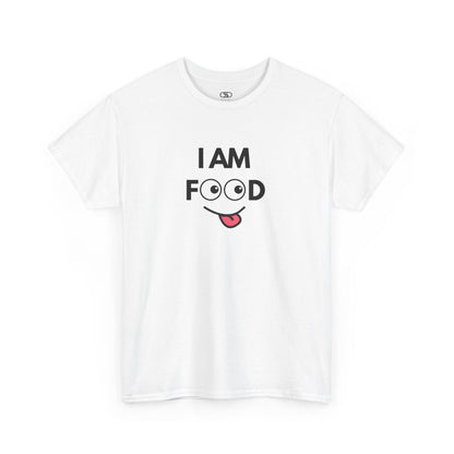 A WHITE T-shirt with "I AM FOOD" text, where the 'OO' are cartoon eyes, and a tongue-out graphic.