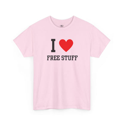 A funny light pink t-shirt with the iconic "I Love" design, featuring the text "I," a red heart, and the phrase "Free Stuff" below.