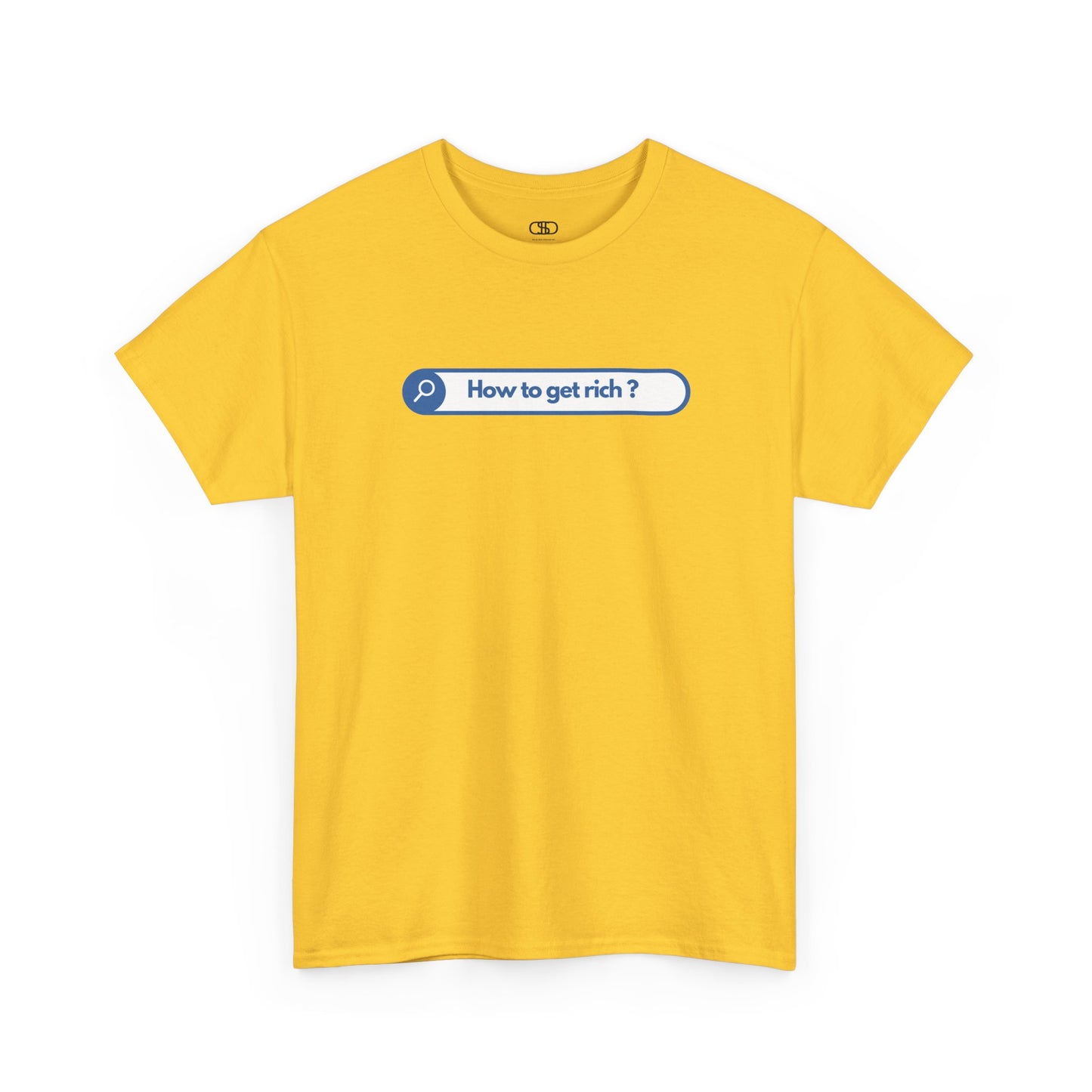 A daisy yellow t-shirt with a search bar graphic and the text "How to get rich?" on a white background