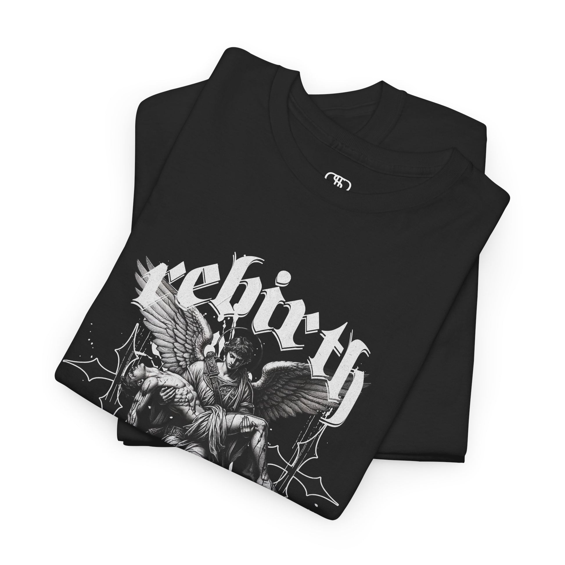 A folded black T-shirt featuring a Angel carrying a figure with "Rebirth" text, white and black gothic spiritual art t-shirt.