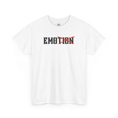  A minimalist t-shirt featuring the word "EMOTION" with the letters 'TION' crossed out, emphasizing the word 'EMO' in a bold font.