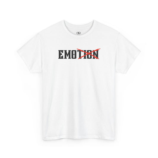  A minimalist t-shirt featuring the word "EMOTION" with the letters 'TION' crossed out, emphasizing the word 'EMO' in a bold font.