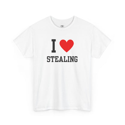 A sarcastic white t-shirt featuring the classic "I Heart" graphic with the text "I," love, and the word "Stealing," intended as dark humor.