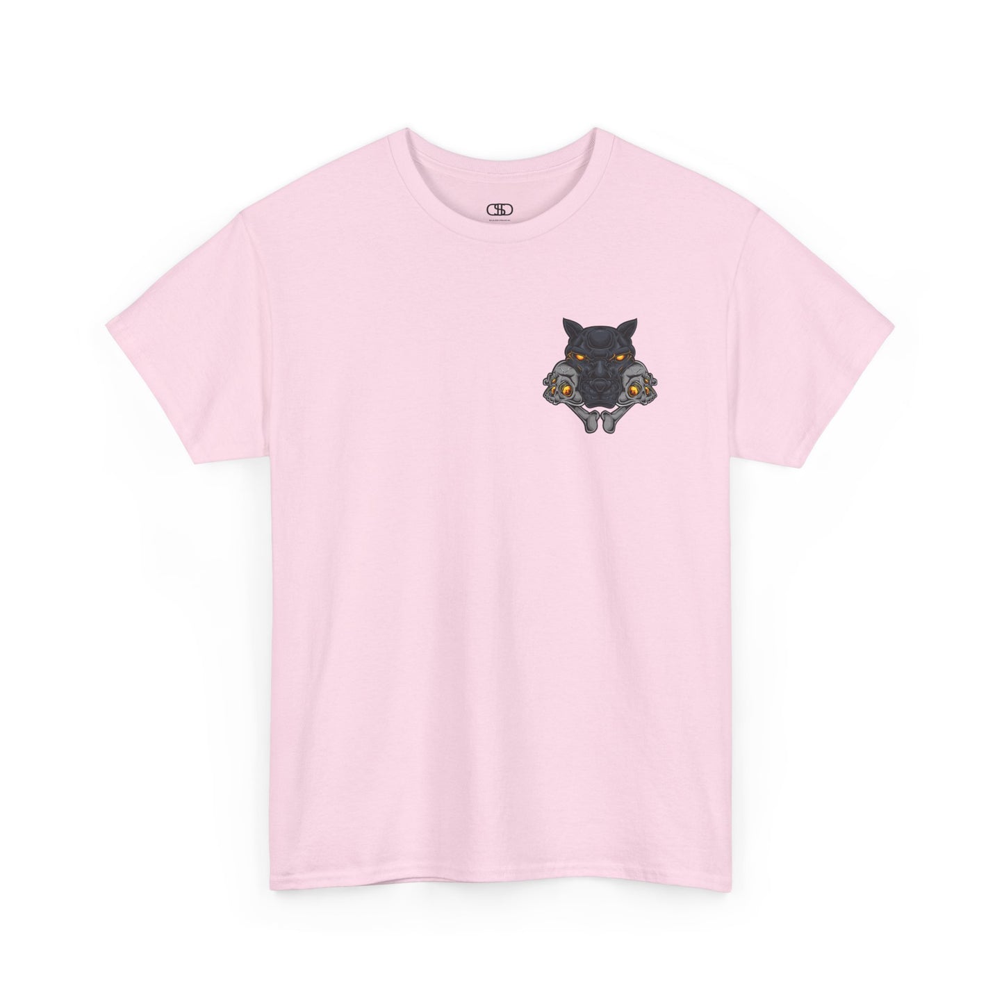 A light pink T-shirt with a daring dog graphic biting two skulls, all with glowing molten lava-like eyes.
