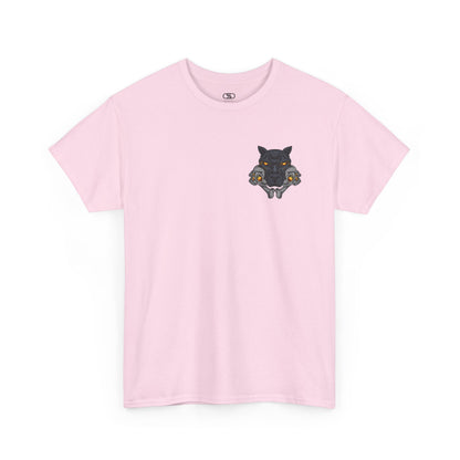 A light pink T-shirt with a daring dog graphic biting two skulls, all with glowing molten lava-like eyes.