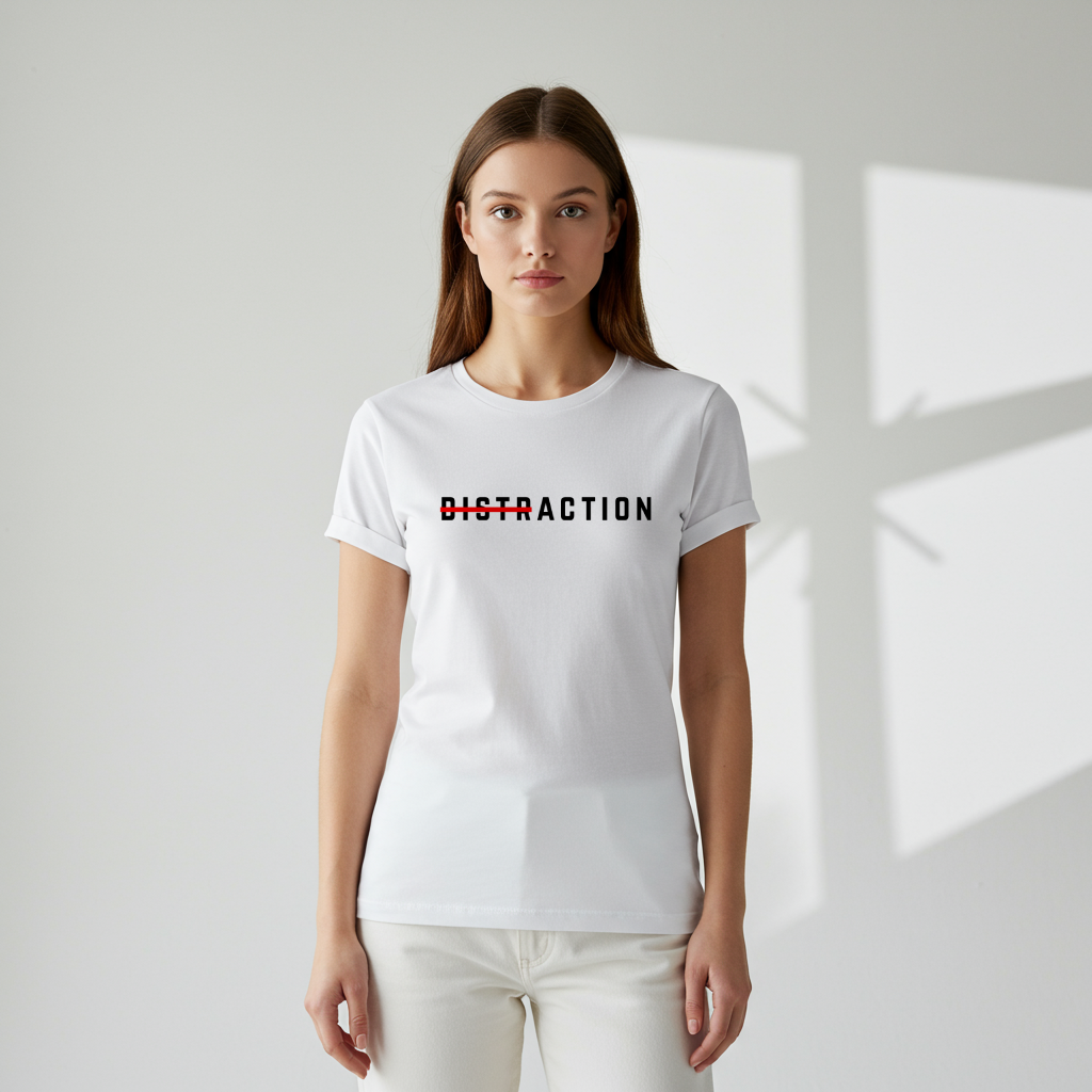 A female model wearing a A minimalist t-shirt featuring the word "Distraction" with the 'Dist' part crossed out, emphasizing the word 'Action' in a bold font.