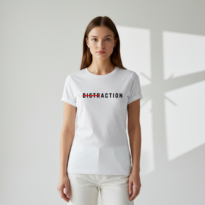 A female model wearing a A minimalist t-shirt featuring the word "Distraction" with the 'Dist' part crossed out, emphasizing the word 'Action' in a bold font.