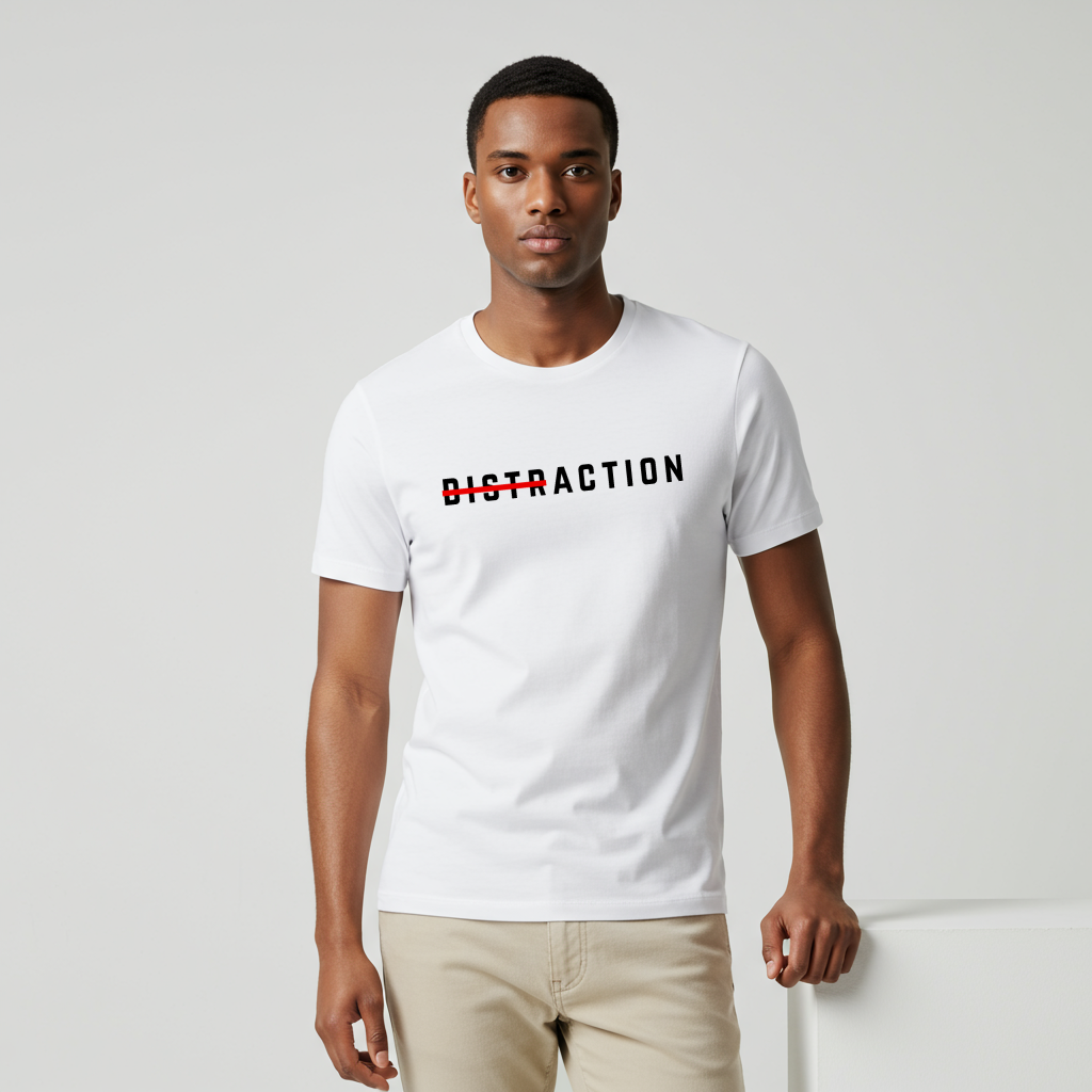 A male model wearing A minimalist t-shirt featuring the word "Distraction" with the 'Dist' part crossed out, emphasizing the word 'Action' in a bold font.