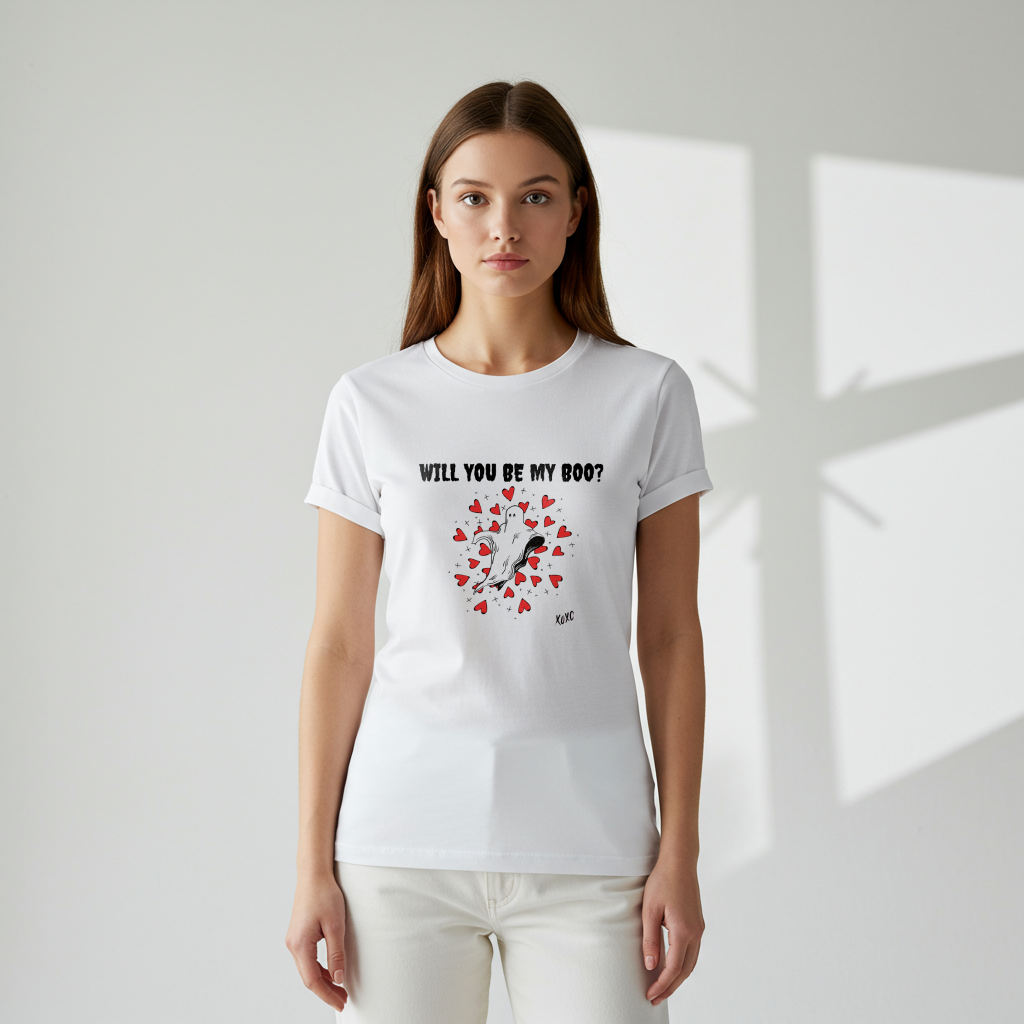  A t-shirt featuring a cute floating ghost surrounded by bursting hearts. At the top of the design, the text reads, "Will You Be my Boo?"