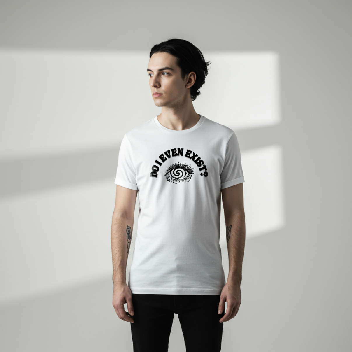 Model wearing a T-shirt with an eyeball and a mind-bending optical illusion and the text "Do I even exist?"