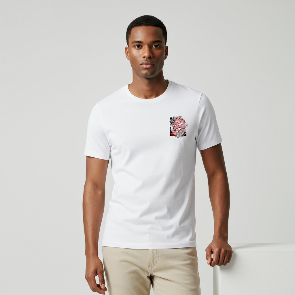  Front of a t-shirt featuring a fierce, stylized dragon in red, black, and white on the left chest area.