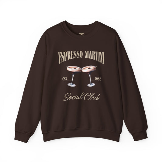  Brown hoodie with “Espresso Martini Social Club” curved text and two clinking espresso martini glasses