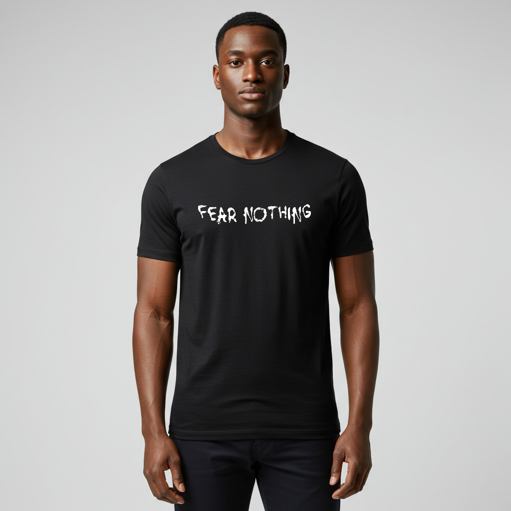 Black tee with “FEAR NOTHING” text on front; back features skull graphic and motivational warning text about doubt, mindset, and staying dangerous.
