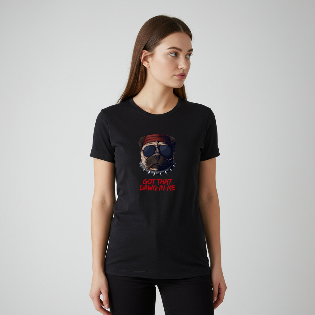 A woman wearing a black  Funny t-shirt featuring a pug wearing a red bandana, sunglasses, a spiky collar, and holding a cigar, with the text 'Got That Dawg In Me'.