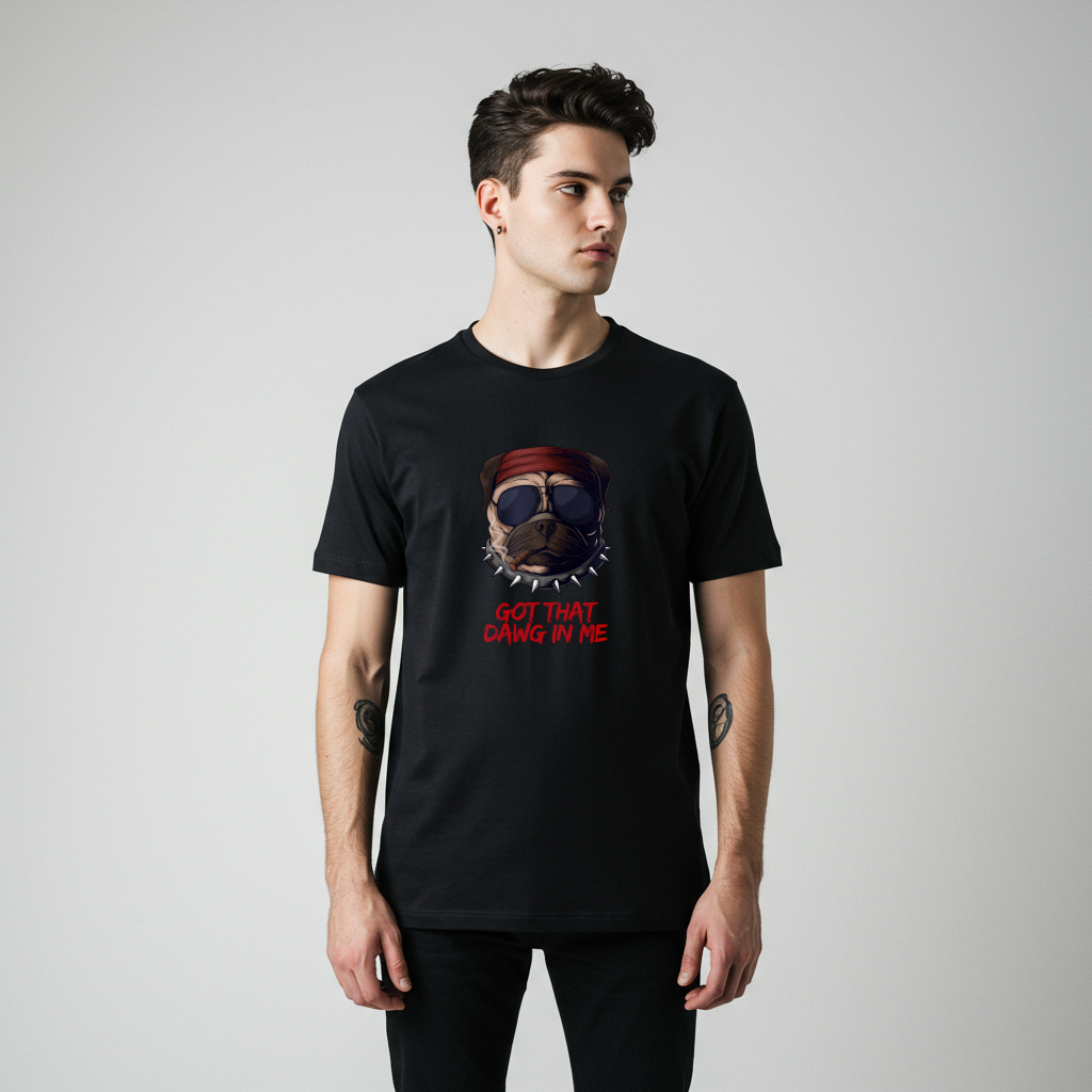 A man wearing a black  Funny t-shirt featuring a pug wearing a red bandana, sunglasses, a spiky collar, and holding a cigar, with the text 'Got That Dawg In Me'.