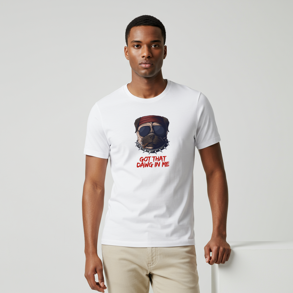 Man wearing a white Funny t-shirt featuring a pug wearing a red bandana, sunglasses, a spiky collar, and holding a cigar, with the text 'Got That Dawg In Me'.