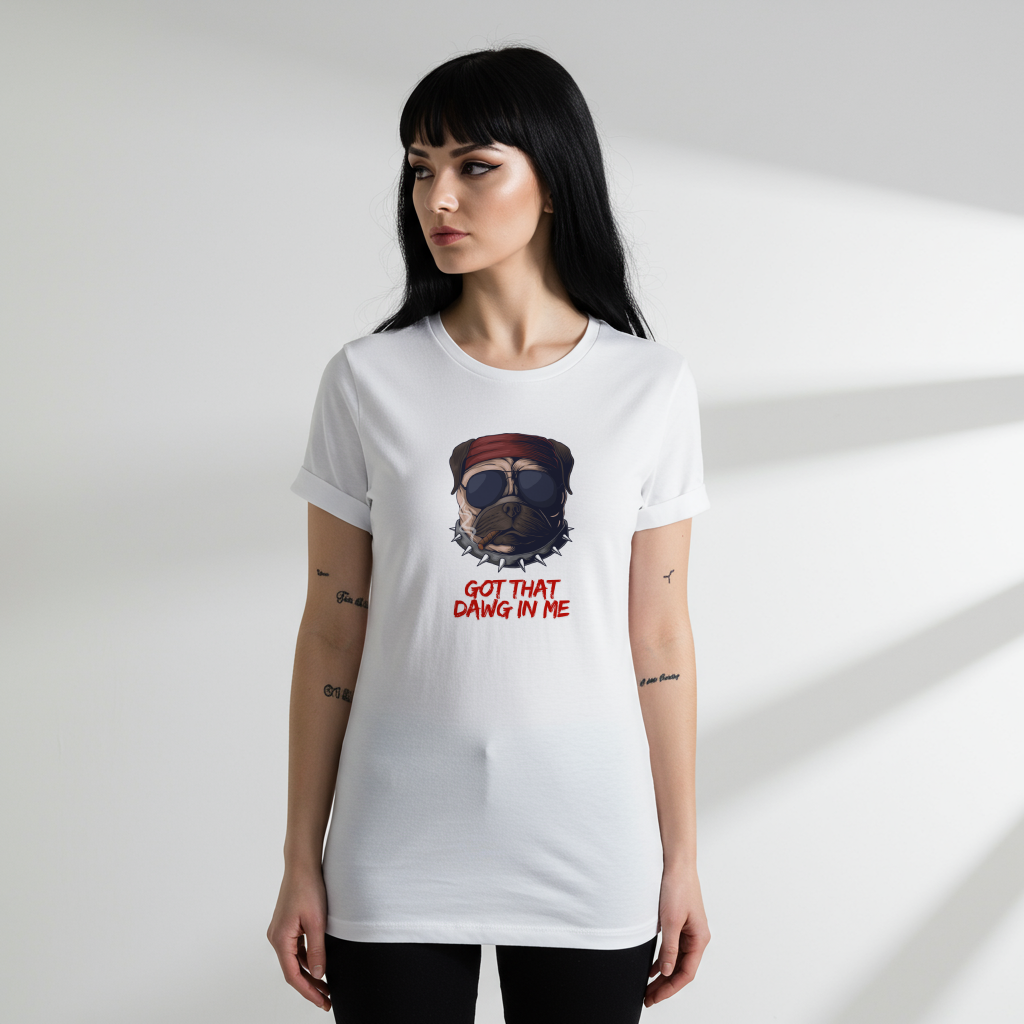 A woman wearing a  Funny t-shirt featuring a pug wearing a red bandana, sunglasses, a spiky collar, and holding a cigar, with the text 'Got That Dawg In Me'.