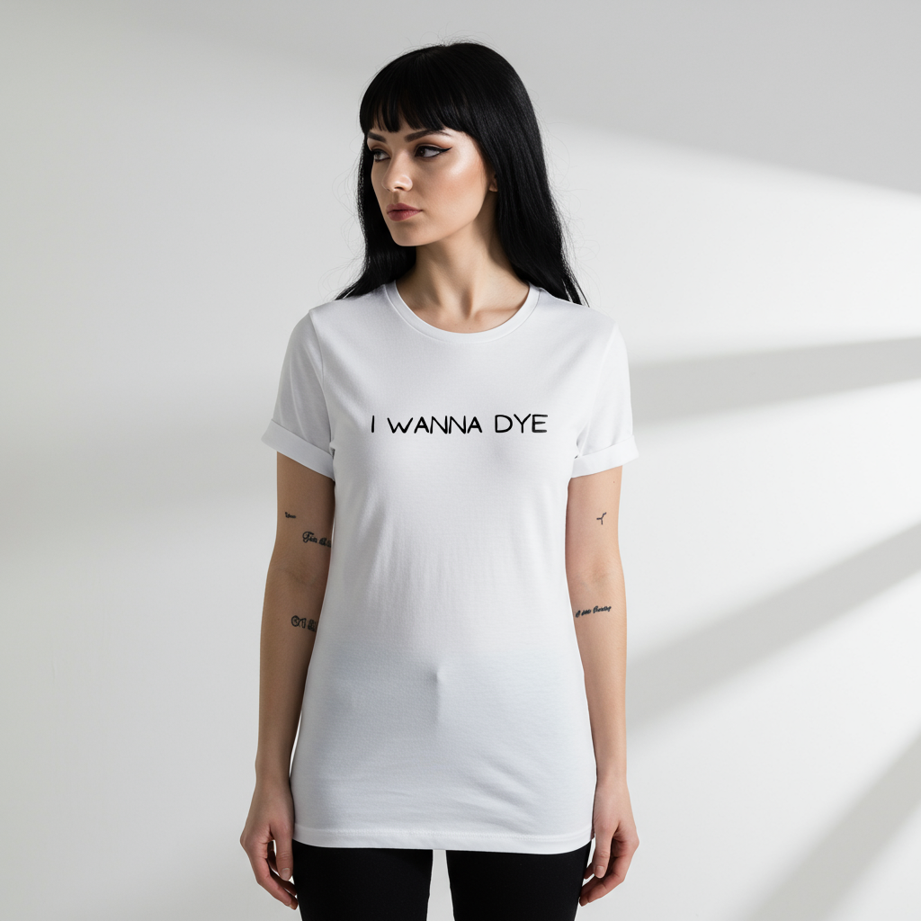 Woman wearing a white t-shirt with 'I WANNA DYE' text on a light gray background