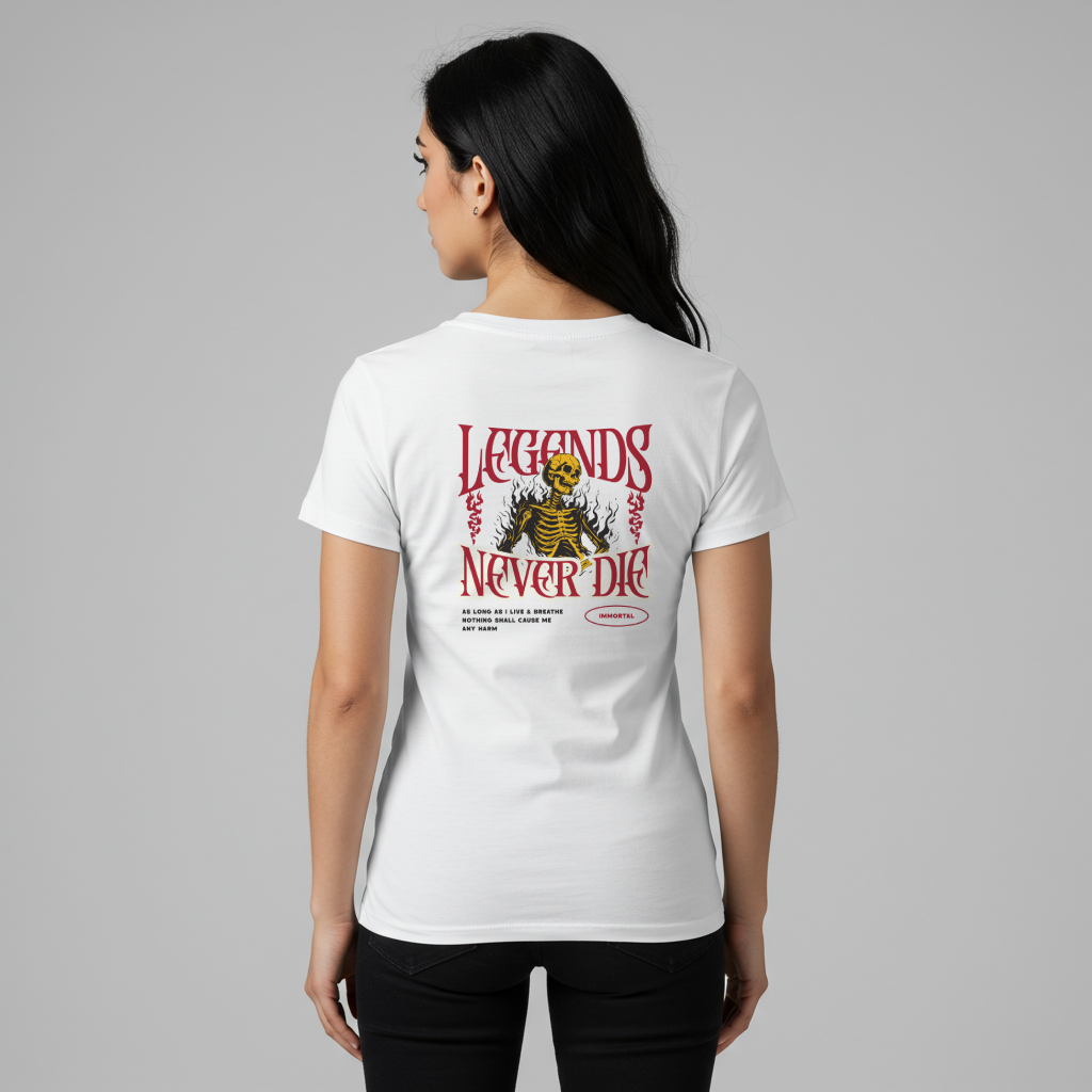 Eternal Protection Shirt – Gothic “Legends Never Die” Skeleton Graphic Tee (MCMLVII Edition)
