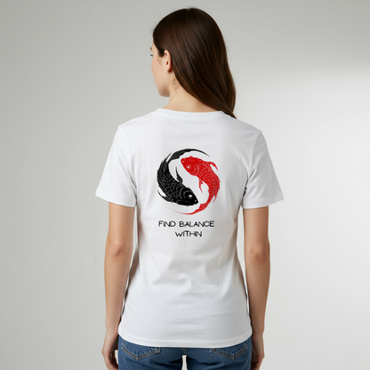  Back of a t-shirt showing two swimming koi fish in red and black, arranged in a harmonious circle above the words "find balance within."