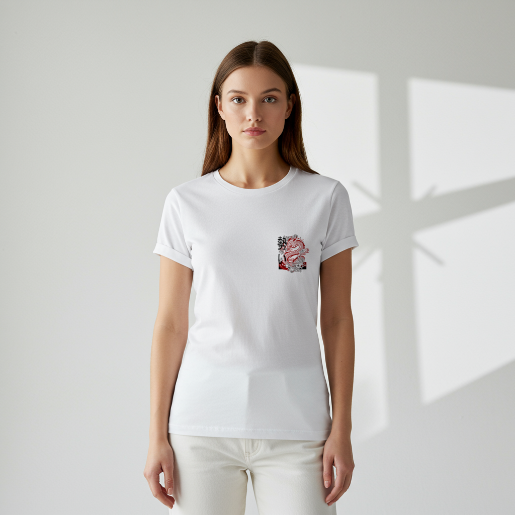  Front of a t-shirt featuring a fierce, stylized dragon in red, black, and white on the left chest area.