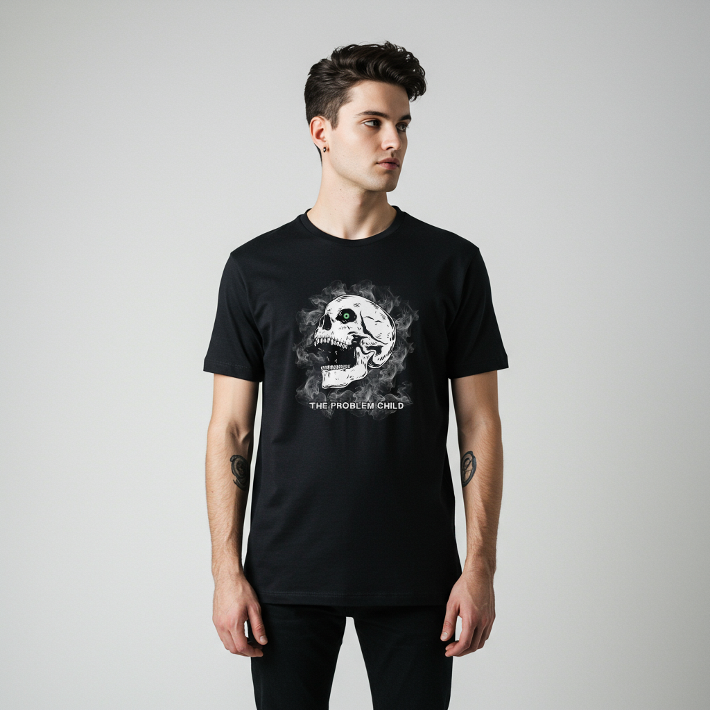 A male model wearing A t-shirt featuring a menacing skull with a glowing green eye, surrounded by smoke. Below it, the words "The Problem Child" are written in a distressed, grunge-style font.