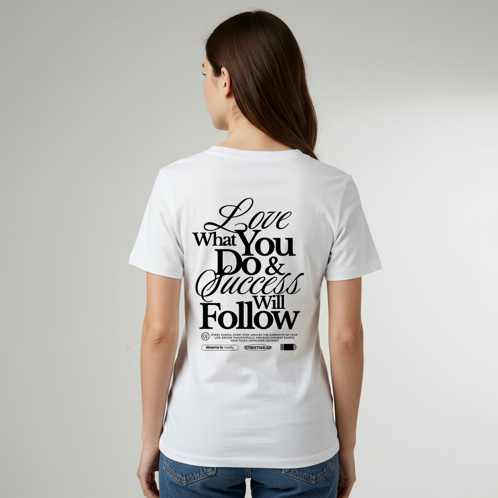 Turn around and deliver a masterclass in motivation. The back features two powerful messages:
A bold declaration: "Love What You Do & Success Will Follow."
A profound reminder: "Every Choice, every Step, weaves the narrative of your life, decide thoughtfully, for each moment shapes your tale's unfolding Journey."