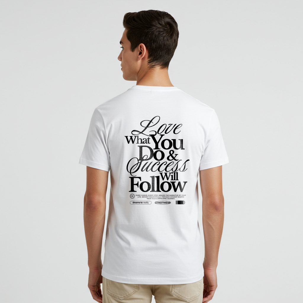Turn around and deliver a masterclass in motivation. The back features two powerful messages:
A bold declaration: "Love What You Do & Success Will Follow."
A profound reminder: "Every Choice, every Step, weaves the narrative of your life, decide thoughtfully, for each moment shapes your tale's unfolding Journey."