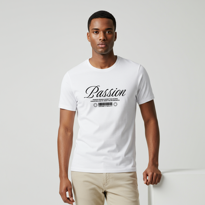 A male model wearing  a t-shirt where the front makes a bold, immediate statement with the word "Passion" in an elegant, unmissable cursive font. Beneath it, a unique barcode design symbolizes your personal journey from "Dreams 2 Reality," reminding you that your goals are scannable, trackable, and achievable.