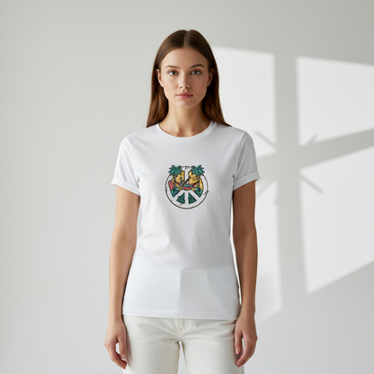 Woman wearing a  T-shirt showing a skeleton with a peace sign head, lying in a hammock playing a guitar between two palm trees with waves in the background.