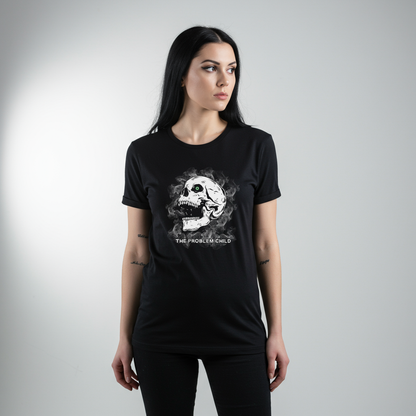 A female model wearing A t-shirt featuring a menacing skull with a glowing green eye, surrounded by smoke. Below it, the words "The Problem Child" are written in a distressed, grunge-style font.