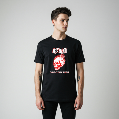 Rebel Flaming Skull T-Shirt | Edgy "Rise If You Dare" Graphic Tee