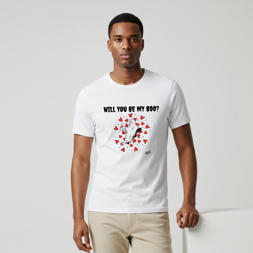  A t-shirt featuring a cute floating ghost surrounded by bursting hearts. At the top of the design, the text reads, "Will You Be my Boo?"