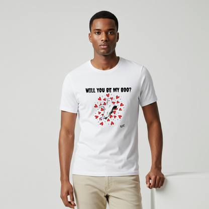  A t-shirt featuring a cute floating ghost surrounded by bursting hearts. At the top of the design, the text reads, "Will You Be my Boo?"