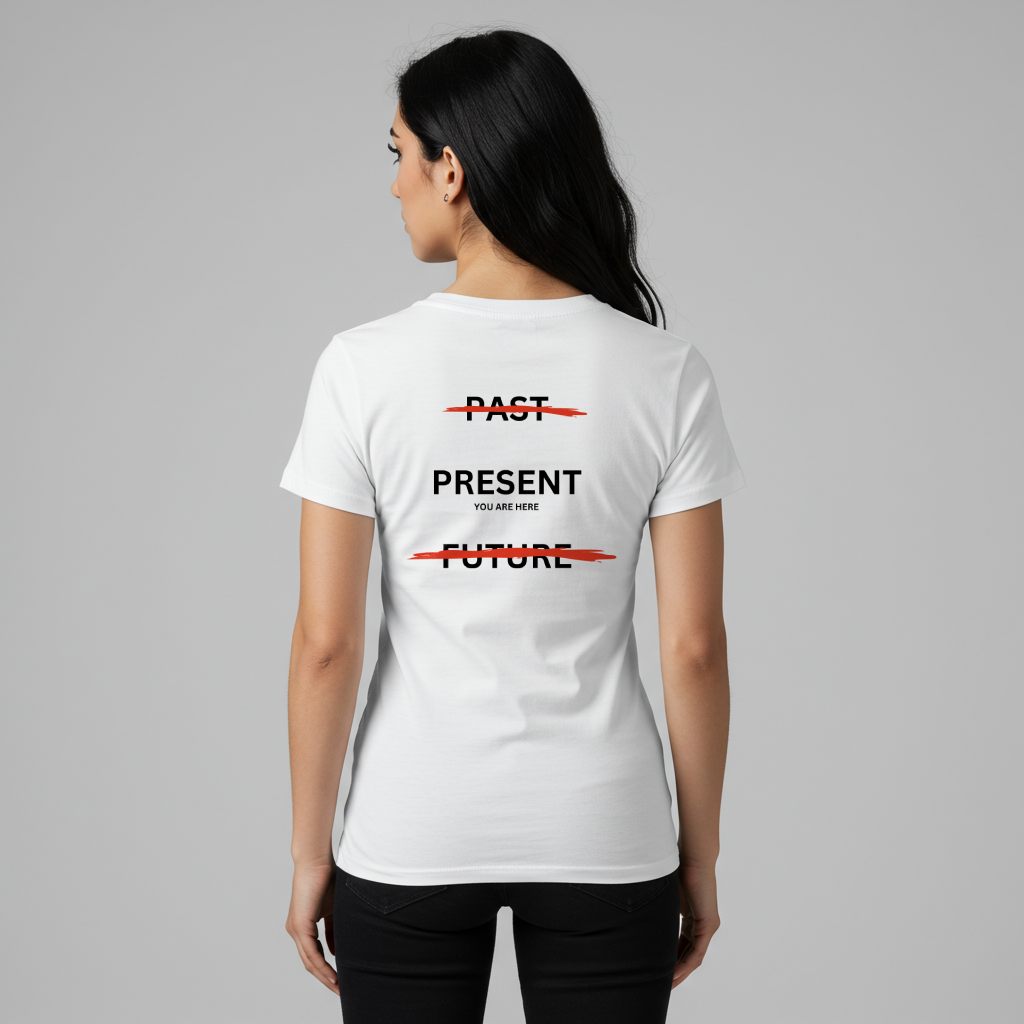 A female model displaying the back of a t-shirt with a design illustrating the importance of the present: the word 'Past' is crossed out, followed by 'Present' and the phrase 'you are here', and finally the word 'Future' is also crossed out.