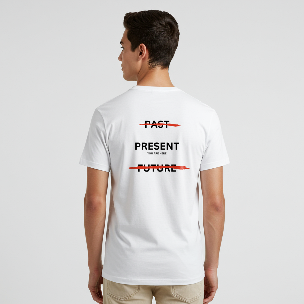 A male model displaying the back of a t-shirt  with a design illustrating the importance of the present: the word 'Past' is crossed out, followed by 'Present' and the phrase 'you are here', and finally the word 'Future' is also crossed out.