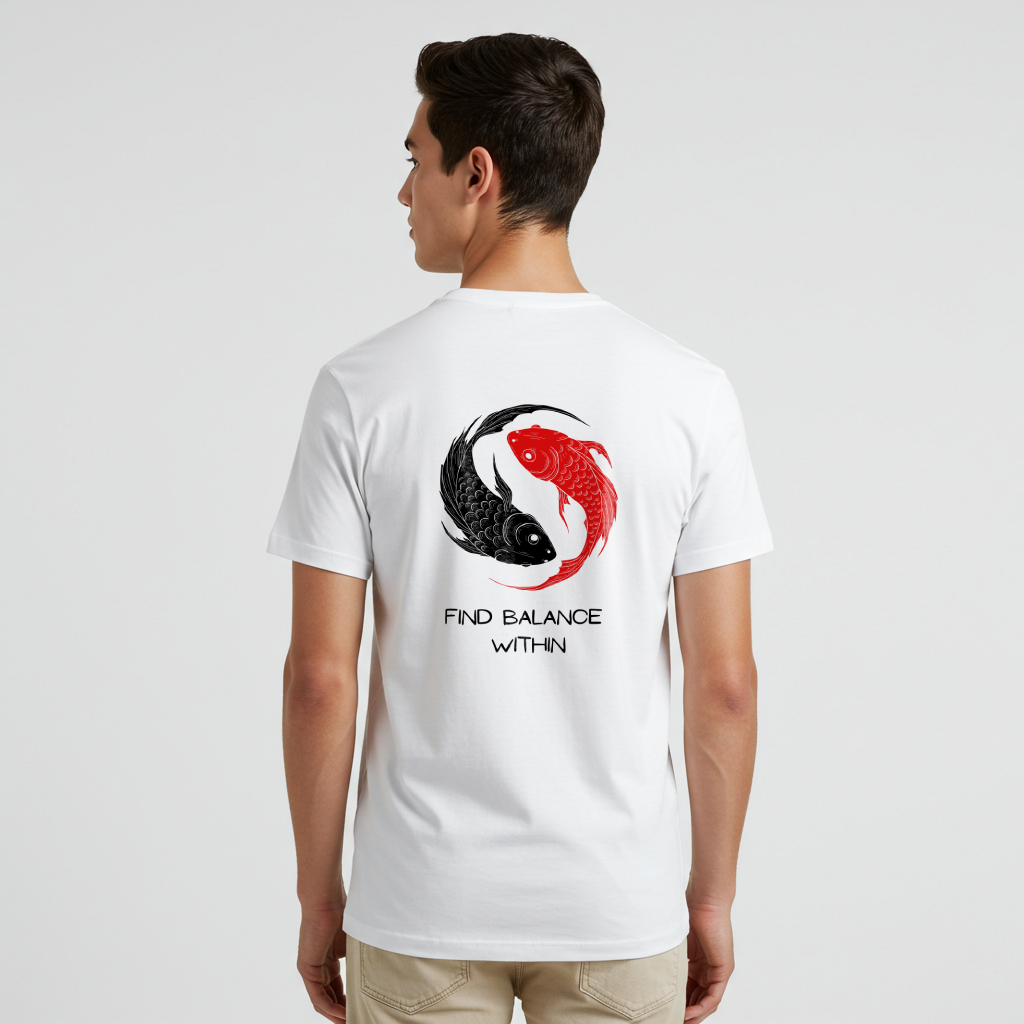  Back of a t-shirt showing two swimming koi fish in red and black, arranged in a harmonious circle above the words "find balance within."