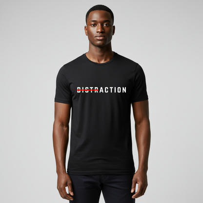 A male model wearing A minimalist t-shirt featuring the word "Distraction" with the 'Dist' part crossed out, emphasizing the word 'Action' in a bold font.