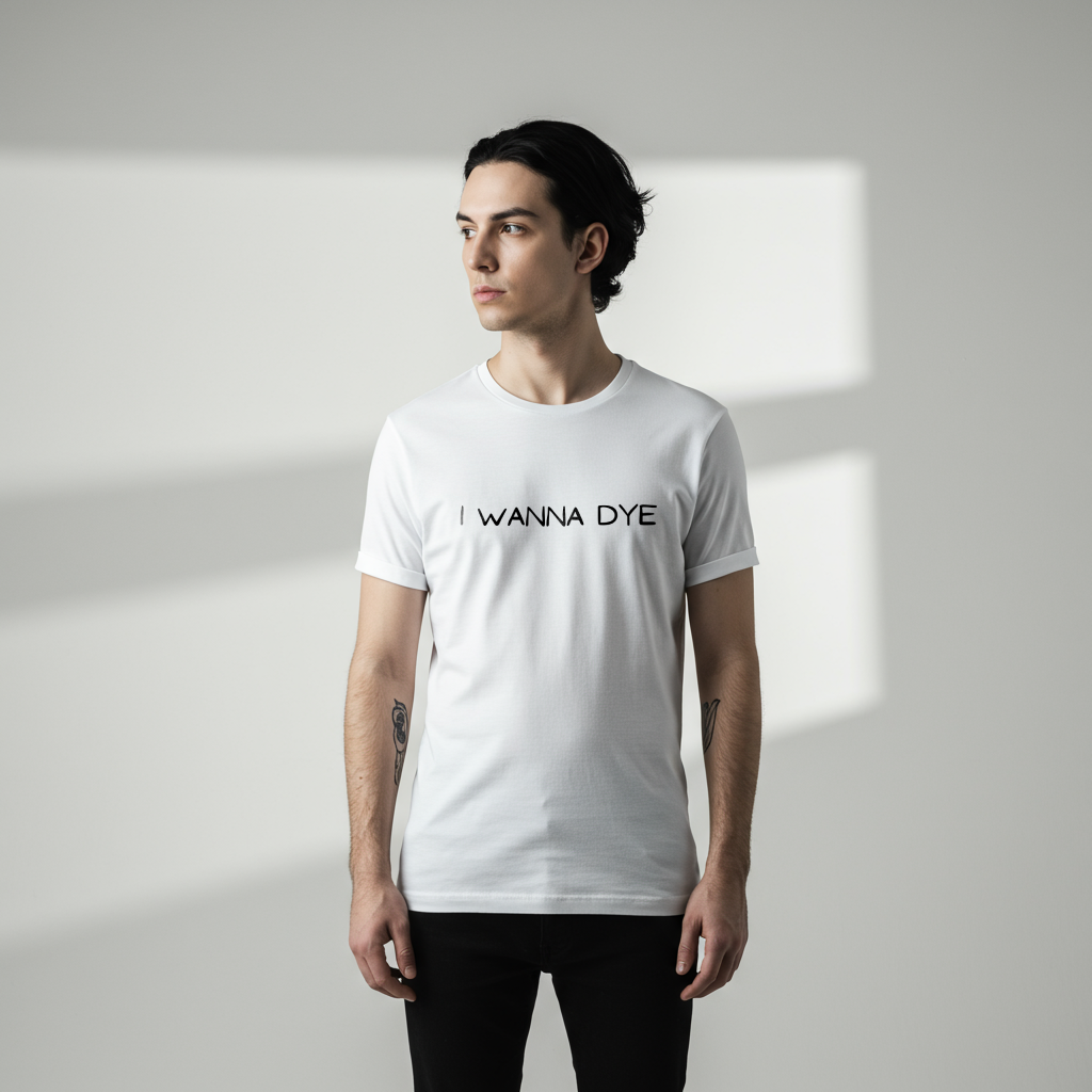 Person wearing a white t-shirt with 'I WANNA DYE' text on a plain background
