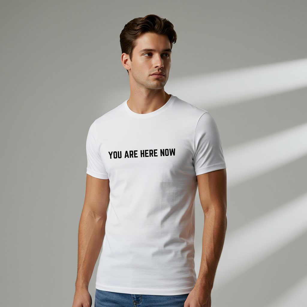 A model displaying the front of a t-shirt with the grounding phrase "You are Here now" in a clean, minimalist font.